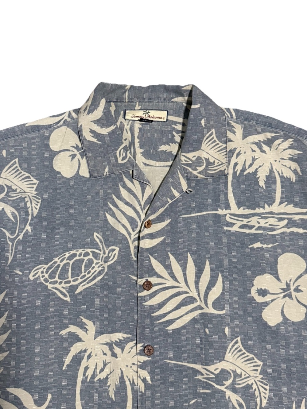 Tommy Bahama Mens L Button Up Hawaiian Shirt Blue Silk Palm Tree Floral Beach